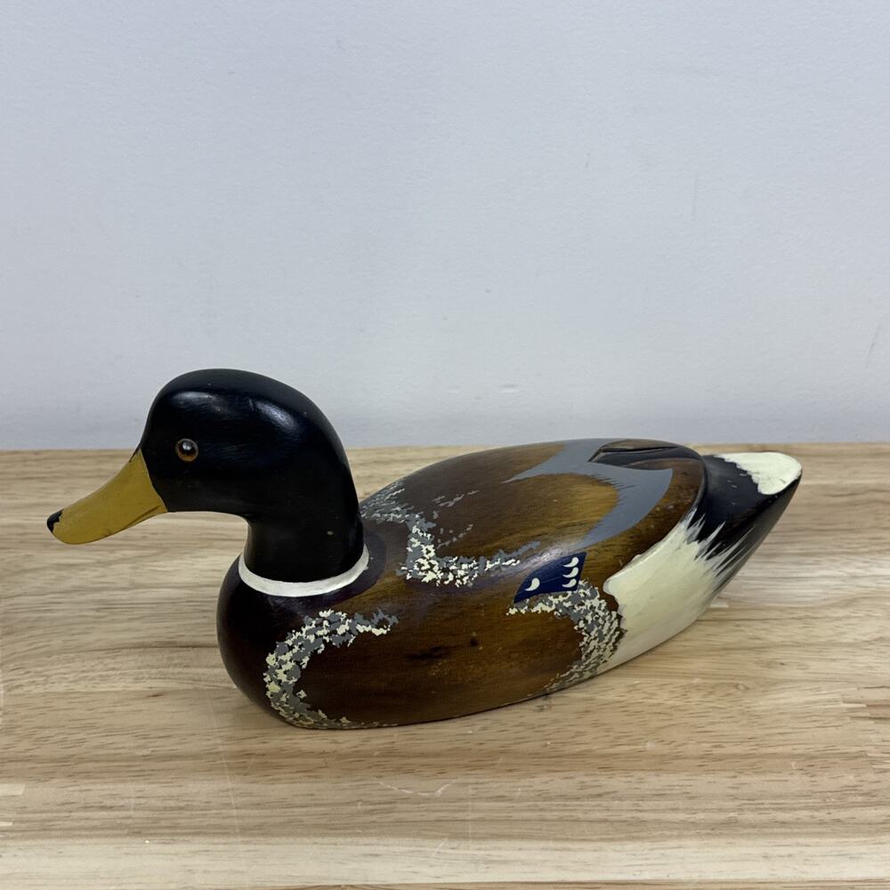 Wood Carved Mallard Duck Decoy Hand-painted Smooth Glossy Unmarked 10” - Picture 5 of 8